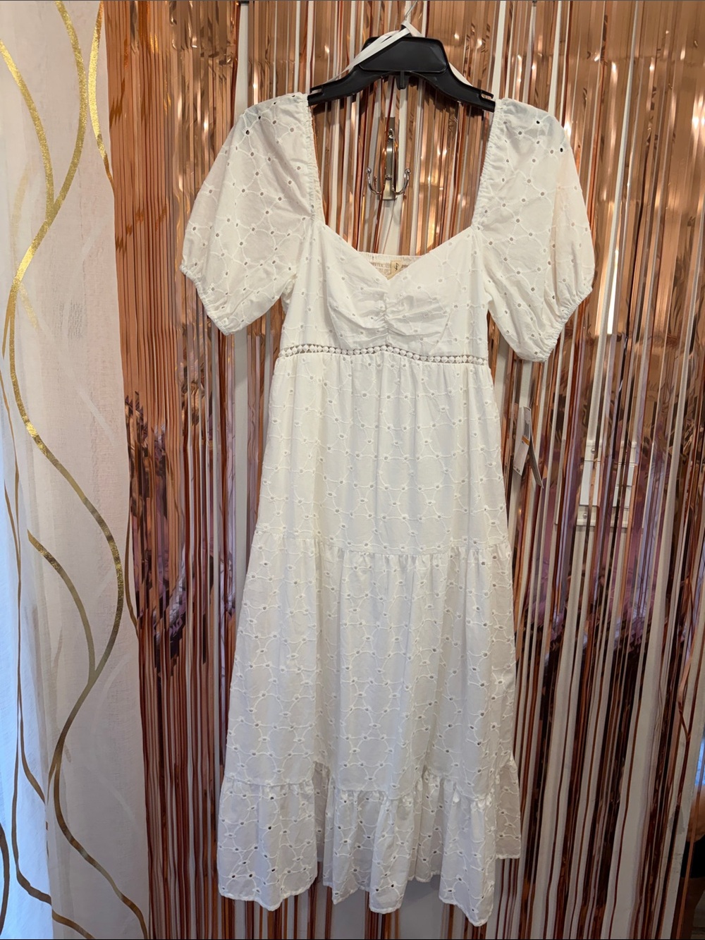 Kingston White Eyelet Puff-Sleeve Midi Dress NEW S